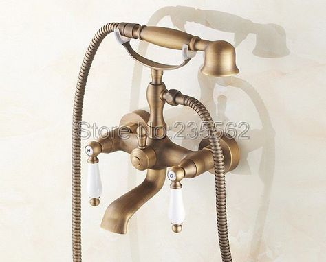 Wall Mounted Antique Brass Bathroom Shower Faucet Bathtub Faucet Set with Telephone Style Ceramic Handheld Shower Spray ltf153 Ceramics Handles, Clawfoot Bathroom, Bathroom Clawfoot Tub, Antique Brass Bathroom, Bathroom Shower Faucets, Clawfoot Tub Faucet, Bath Mixer Taps, Shower Faucet Sets, Brass Bathroom