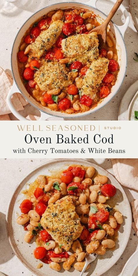 My simple, flavorful Oven-Baked Cod with Butter Beans is an ideal summer dinner. It won't weigh you down, but it's bursting with flavor and nutritious! The tender, flaky fish has a crunchy breadcrumb topping and is cooked on a bed of sweet cherry tomatoes and creamy white beans. I love the way the tomatoes burst to create a sauce for the fish! Enjoy with a side salad or crusty bread. #wellseasonedstudio #cod #butterbeans #codrecipe Oven Baked Cod, Creamy White Beans, Breadcrumb Topping, Cherry Tomato Sauce, Cod Recipes, Healthier Choices, Easy Seafood Recipes, Eat Seasonal, Party Dishes