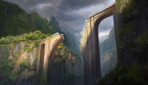 Fantasy Bridge Drawing, Fantasy Bridge Art, Fantasy Bridge, Worldbuilding Ideas, Bridge Aesthetic, Broken Bridge, Bridge Drawing, Drawing Scenery, Bridge Art