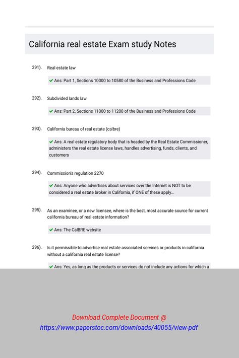 California real estate Exam study Notes 
 Quick revision study notes for the California real estate exam. Access concise and comprehensive materials designed to help you review key concepts, streamline your study process, and ensure you're fully prepared to pass your CA real estate licensing test  > 
 Real Estate LawSubdivided Lands LawCalifornia Bureau of Real Estate (CalBRE)Commission's Regulation 2270As an examinee, or a n Real Estate Exam, Study Process, California Real Estate, Exam Study, Homework Help, Study Notes, Material Design, Homework, Real Estate