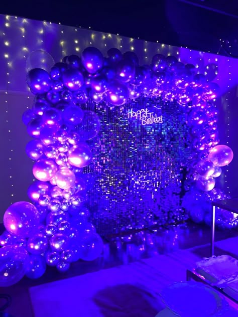 Purple Sequin Tablecloth, Glow Quince Theme, 20th Birthday Ideas Purple, Purple Party Lights, Euphoria Sweet 16 Party Ideas, Blue And Purple Party Theme, Purple Party Ideas Decorations, Euphoria Balloons, Purple And Silver Backdrop