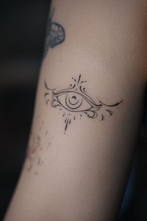 Mandala Tattoo With Eye, Small Sacred Geometry Tattoo, Eye Of Intuition Tattoo, Ornamental Eye Tattoo, Feminine Divine Tattoo, 8888 Tattoo, Eye Spine Tattoo, Feminine Elbow Tattoo, Intuition Eye Tattoo