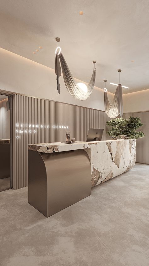 Pilates Studio Design Interiors, Glass Reception, Lobby Reception Design, Elegant Office Decor, Massage Room Design, Dental Office Design Interiors, Spa Interior Design, Hair Salon Interior, Reception Desk Design