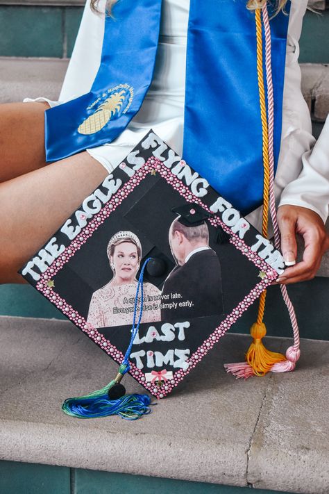 Graduation cap idea 
Eagle/ The Princess Diaries film themed mortar board design Grad Cap Ideas Hsm, Princess Diaries Grad Cap, Graduation Cap Designs Film, Hannah Montana Grad Cap, Graduation Cap Designs Vampire Diaries, Princess Diaries Graduation Cap, Duo Graduation Cap, High School Musical Graduation Cap, Hannah Montana Graduation Cap