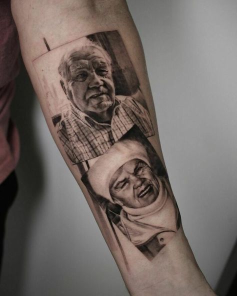 Grandparents Memorial Tattoo Grandparents Memorial Tattoo, Memorial Portrait Tattoo, Grandparents Memorial, Picture Portraits, Dad Memorial Tattoo, Grandfather Tattoo, Grandpa Tattoo, Grandparents Tattoo, Tattoos For Dad Memorial