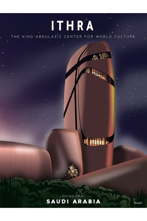 I just finished this poster depicting he King Abdulaziz Center for World Culture also known as Ithra. The museum is situated in Dhahran, Saudi Arabia.It was built by Saudi Aramco and inaugurated by King Salman bin Abdulaziz on December 1, 2016. The Center is located where the first commercial Saudi oilfield was found in March 1938. It was designed by the Norwegian architectural firm Snøhetta. Saudi Arabia Poster, Dhahran Saudi Arabia, Aramco Saudi, Saudi Arabia Culture Art, Saudi Design, Saudi Art, Movie Posters Decor, Saudi Arabia Culture, Eye Drawing Tutorials