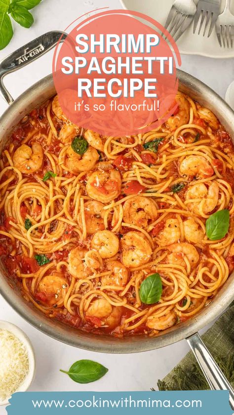 This Shrimp Spaghetti Recipe is incredibly flavorful and so easy to put together! It’s one of the simplest dishes you can make, so it’s perfect for those busy weeknights. Even better, this dish is super versatile too and can be altered to fit your tastes or you can add your favorite veggies, if you like! Spaghetti With Shrimp In Tomato Sauce, Shrimp Spaghetti Pasta Recipes, Spaghetti Recipes With Shrimp, Shrimp Spaghetti Recipes Easy, Seafood Spaghetti Recipe, Spaghetti And Shrimp Recipes, Shrimp Spaghetti Recipes, Shrimp Pomodoro, Spaghetti With Shrimp Recipes