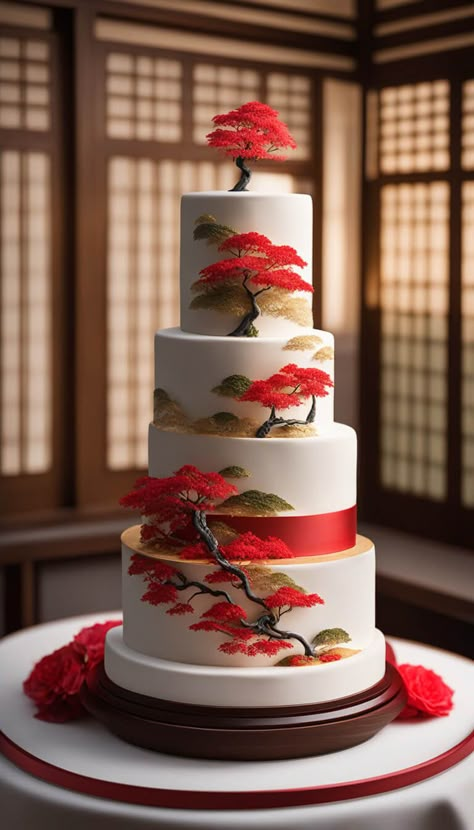 Japanese Themed Wedding Cake - AI creation Asian Themed Cake, Japanese Style Wedding Decoration, Japan Themed Wedding, Japan Inspired Wedding, Wedding Japanese Theme, Anime Inspired Wedding, Japanese Wedding Food, Japanese Theme Wedding, Anime Wedding Cake