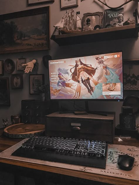 Dark Aesthetic Gaming Room, Gaming Setup Dark Academia, Dark Academia Streaming Setup, Victorian Gaming Setup, Light Academia Gaming Setup, Dark Wood Gaming Setup, Nature Themed Gaming Setup, Dark Academia Gamer Room, Aesthetic Gaming Setup Dark