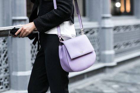 New Story :: Lilac bag Lilac Handbag Outfit, Lilac Bag Outfit, Classy Going Out Outfits, Wendy's Lookbook, Purse Outfit, Bow Tie Blouse, Cropped Flare Pants, Handbag Outfit, Boucle Jacket