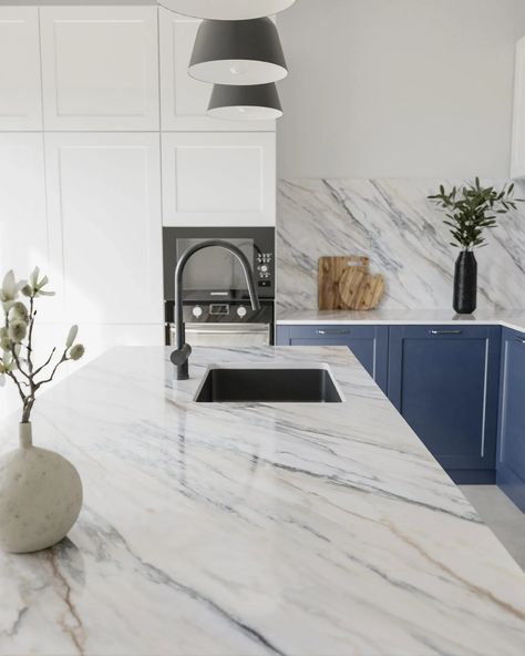 Dekton Trance Kitchen Countertop and Backsplash Dekton Trance, Blue Granite Countertops, Modern Eclectic Interior, International Interior Design, Bathroom Shower Walls, Blue Kitchen, Summer Kitchen, Blue Kitchens, White Kitchen Cabinets