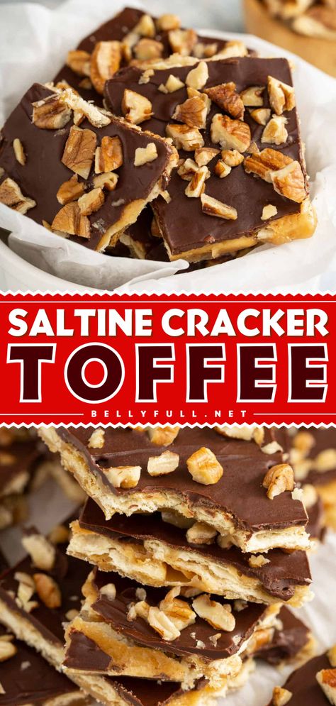 Saltine Cracker Toffee is the ultimate sweet and salty treat! Crunchy, buttery and undeniably irresistible. Only 5 ingredients and 15 minutes to make it, plus some chill time. There’s a reason people call it Christmas Crack! Saltine Cracker Toffee, Saltine Cracker, Holiday Candy Recipes, Saltine Toffee, Cracker Toffee, Toffee Candy, Toffee Recipe, Salty Treats, Saltine Crackers