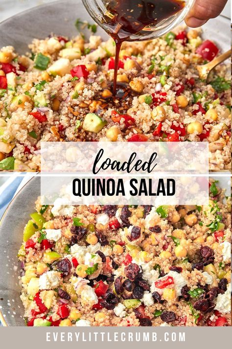 This easy esty quinoa salad is packed with flavor and texture, with diced apples, dried cranberries, chickpeas, bell pepper, feta cheese and more tossed with a delicious vinaigrette. #quinoasalad #quinoafetasalad #quinoachickpeasalad #easyquinoasalad Quinoa Salad With Balsamic Dressing, Tabuli Salad Quinoa, Quinoa And Chickpea Salad, Zesty Quinoa Salad, Chickpea Salad Vegan, Quinoa Chickpea Salad, Quinoa Salads, Easy Quinoa Salad, High Protein Salads