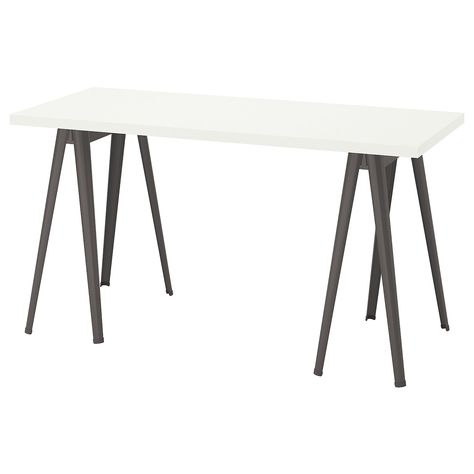 IKEA - LAGKAPTEN, Desk, white/dark gray, The tabletop has pre-drilled holes to make it easier to attach to the underframe. Ikea Desk Legs, Ikea Ireland, Ikea Desk, Desk Legs, Plastic Edging, White Desks, Ikea Furniture, Office Table, Table Bar