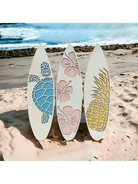 Canary Houze · Products · Tropical Surfboard Wall Hanging Trio - Hawaiian Beach Decor Set with Hibiscus, Pineapple, and Sea Turtle Design (Copy) · Shopify Strand Decor, Sea Turtle Decor, Nautical Bedroom, Wooden Surfboard, Surfboard Wall Art, Surfboard Wall, Turtle Decor, Pineapple Decor, Surfboard Art