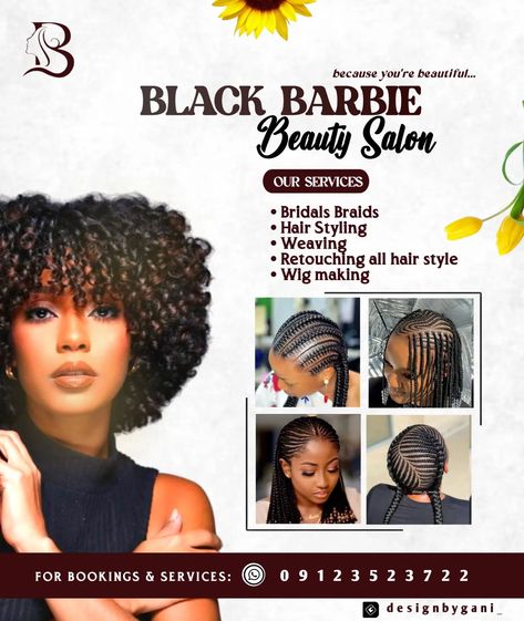 Do you want something like this for your business/ brand ? we got you covered 👍✅ Designs & Printing of banner / flyers / mug / frame | send us a DM right away !!.. Bridal Braids, Black Barbie, Wig Making, Display Board, You're Beautiful, Business Branding, Business Design, Beauty Salon, Banner Design