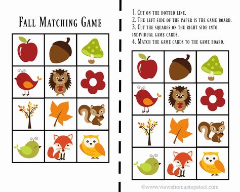 Fall+Matching+Game Fall Games For Toddlers, Fall Bingo, Paper Activities, Stroller Strides, Game Bingo, Preschool Crafts Fall, Children's Church Crafts, Fall Preschool Activities, Fall Games