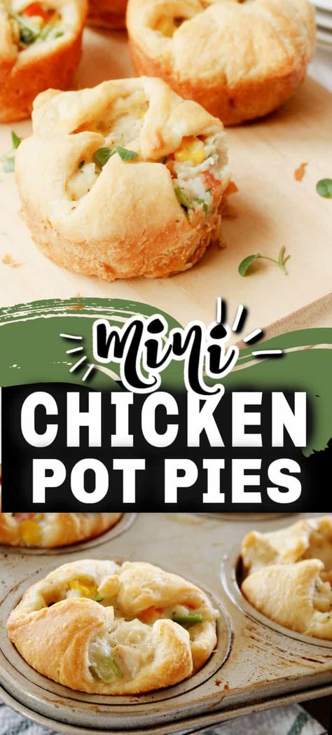 These INDIVIDUAL CHICKEN POT PIES are easy to make. Stuffed with chicken, peas, carrots, corn and celery in a creamy sauce, they are cupped with refrigerated crescent dough. You can also make them with Turkey! #chickenpotpie #chickenpotpierecipe #individualchickenpotpies #minichickenpotpies #crescentrollchickenpotpie #dinner #recipe #easyrecipe #chickenrecipe Individual Chicken Pot Pies, Mini Pot Pies, Chicken Pot Pie Filling, Chicken Pot Pies, Mini Chicken Pot Pies, Tin Recipes, Pot Pie Filling, Pies Recipes, Humble Pie