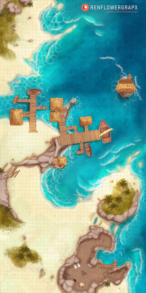 EXTRA LOOT: Exotic Beach Port 40x80 | Ren on Patreon Beach Battle Map Dnd, Old Sea Map, Fantasy Map Beach, Dnd Beach Map, D&d Pirate, Beach Battlemap, Ghosts Of Saltmarsh, One Piece Dnd, Map Assets