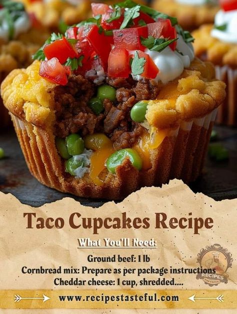 Anna Olson - Lovers 🍝 | Taco Cupcakes | Facebook Cornbread Cupcakes, Taco Cornbread, Taco Cupcakes, Savory Cupcakes, Snicker Apple Salad, Toppings Bar, Anna Olson, Easy Family Recipes, Taco Seasoning Recipe