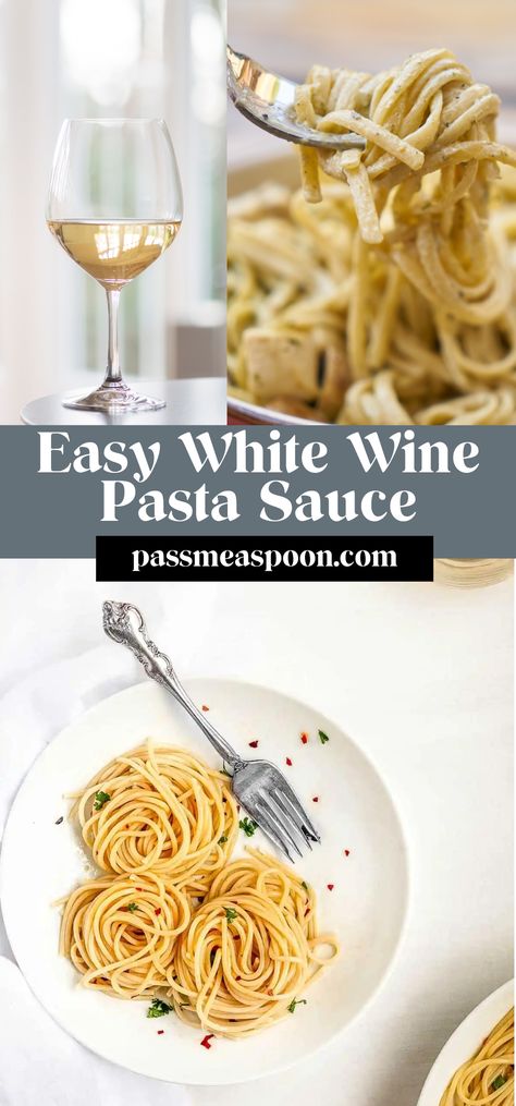 A few simple ingredients like dry white wine, garlic, olive oil, and lemon juice make this easy white wine sauce both healthy, vegan, and on your plate in five minutes.  Just don’t drink all of the main ingredient while you are at it 😉 White Wine Butter Sauce Pasta, Orzo White Wine Sauce, Dairy Free White Wine Pasta Sauce, Olive Oil Based Pasta Sauce, White Wine Vinegar Recipes, White Wine Pasta Recipes, White Pasta Sauce, White Wine Pasta, Lemon White Wine Sauce