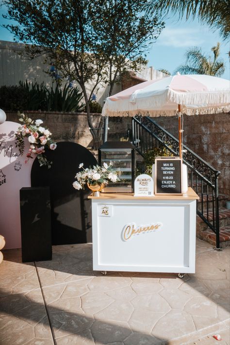 cute churro cart caterer LA, OC, IE, Palm Springs Churro Truck Wedding, Party Food Cart Design Ideas, Churro Stand Ideas, Churro Stand Wedding, Churro Cart Ideas, Wedding Churro Bar, Churro Catering, Wedding Dessert Cart, Churro Cart Wedding