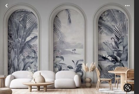 Wallpapered Entryway, Tropical Trees, Arch Design, Entryway Wall, Living Room Design Decor, Home Design Living Room, Dream House Interior, Design Wallpaper, Nature Themed