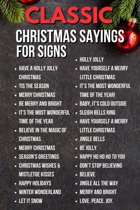 The hardest thing about making DIY Christmas signs is coming up with what to put on them! So I've got a huge list of 100+ Christmas sayings and quotes that are perfect for signs or your Christmas letter board! Get ideas for funny Christmas sayings, religious Christmas sayings, Christmas sayings about Santa, Christmas puns, and more! Christmas Signs And Sayings Diy, Christmas Signs Wood Sayings, Cute Christmas Sign Sayings, Christmas Signs Wood Diy Sayings, Christmas Words List For Ornaments, Santa Sayings And Quotes, Sassy Christmas Sayings, Fun Christmas Signs, Christmas Decor Quotes