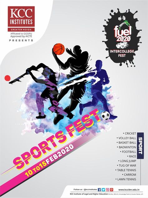 We are very excited to announce our inter-college sports fest "Fuel-2020" from 10th to 15th February 2020. The vision is to provide a competitive platform for college students to showcase their sporting talent.  So don't miss this golden opportunity when it knocks your door as we have just limited entries in all the categories.  #kcc #kccinstitutes #kccilhe #ipu #ggsipu #BBA #BAJMC #BCOMH #BCA #BTECH #aktu #delhincr #greaternoida #kccitm #Fest2020 #KCC_Fest #Fuel2020 #CultralFest #intercollegefe Sports Fest Poster, Fest Poster Design, Pubmat Ideas, Fest Poster, Admissions Office, Interesting Facts About Yourself, Golden Opportunity, Engineering Management, Teaching Techniques