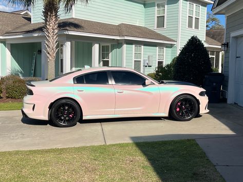 Wraps On Cars, Pink Wrapped Camaro, Pretty Car Wraps, Pink Charger Car, Pearl Wrap Car, Dodge Charger Painting Ideas, Dodge Charger Tail Lights, Pearl Pink Car Wrap, Dodge Charger Car Wraps