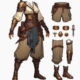 digital art style, casual armor warrior outfit design for a woman in dnd universe, loose pants, brass accessories, outfit design sheet - Image Creator from Microsoft Designer Fantasy Outfits Pants, Dnd Skirt Outfit, Dnd Winter Outfit, Dnd Leather Armor Female, Medieval Bard Outfit, Bg3 Armor Sets, Healer Outfit Design, Dnd Fighter Outfit, Dnd Pants