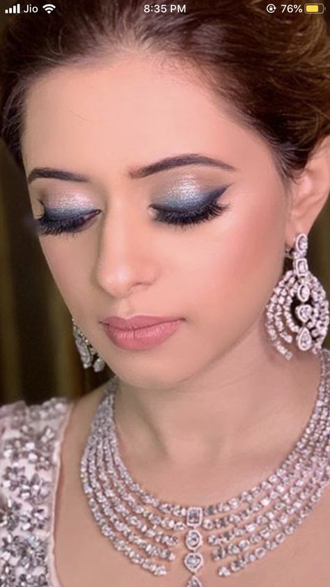 Makeup Look For Blue Lehenga, Blue Saree Makeup Look Simple, Makeup On Blue Dress Indian, Sangeet Eye Makeup Look, Blue Lehenga Eye Makeup, Sky Blue Saree Makeup Look, Eye Makeup For Blue Lehenga, Blue Saree Eye Makeup Look, Eye Makeup On Blue Lehenga