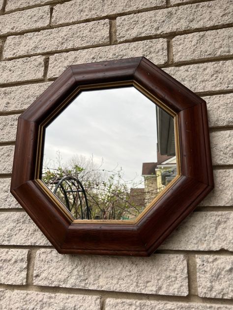 Vintage dark wooden octagon frame mirror. Cardboard backing.  Great vintage condition. Measurements-  15.75" x 15.75" x 1"  Two available, price for one. Thank you for watching and don't hesitate to ask if you have any questions. Wooden Frame Mirror, Octagon Mirror, Dark Wood Frame, Wooden Mirror Frame, Wood Framed Mirror, Frame Mirror, Square Mirror, Black Mirror, Mirror Frames