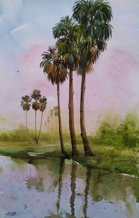 Water Colour Landscape, Watercolor Scenery Painting, Watercolor Indian, Village Scenery, Painting Scenery, Paintings Nature, Buddhist Art Drawing, Watercolor Scenery, Watercolor Art Landscape