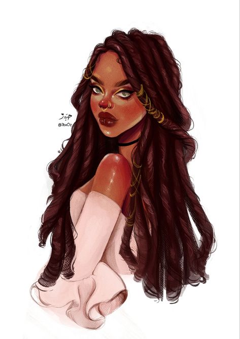 Dreadlocks Black Women Drawing, Woman With Dreads Drawing, Oc With Dreadlocks, Dread Locks Drawing Hair, Dreadlock Art Drawing Black Women, How To Paint Dreadlocks, Dreadlocks Art Reference, Hair Dreads Drawing, Dreadlock Illustration