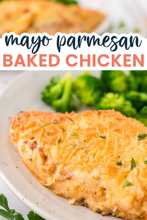 This Mayo Parmesan Chicken bakes up into the most tender, juicy chicken with a savory, crispy, cheesy crust! With just a handful of ingredients that you probably have on hand, this makes the BEST baked chicken breasts! Easy Low Ingredient Dinners, Parmesan Crusted Chicken With Mayo, Mayo Parmesan Chicken, Chicken Bakes, The Best Baked Chicken, Best Baked Chicken, Baked Parmesan Crusted Chicken, Low Carb Dinner Chicken, Baked Chicken Recipes Oven