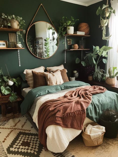 13+ Green Bedroom Styles to Try Decorating Green Room, Violet And Green Bedroom, Dark Sage Green Room Ideas Bedroom, Green And Cinnamon Bedroom, Green Hygge Bedroom, Gold Green Room Aesthetic, Deep Green Color Palette Bedroom, Dark Green Home Color Palette, Earth Witch Bedroom