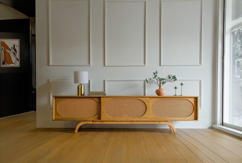 White Oak Mid-century Modern Sunset Tv Stand , Cane Rattan Media Console - Etsy Rattan Media Console, Record Player Storage, Tall Doors, Mid Century Modern Tv Stand, Cane Webbing, White Oak Wood, Vinyl Storage, Storage Stand, Modern Tv Stand