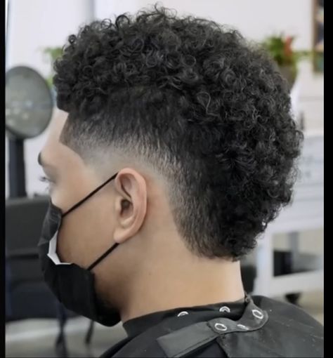 Black Mullet Men, Curly Mohawk Men, Frohawk Fade Men, Afro Hawk, Burst Fade Curly Hair, Curly Hair Mohawk, Afro Mullet, Taper Hairstyle, Frohawk Fade