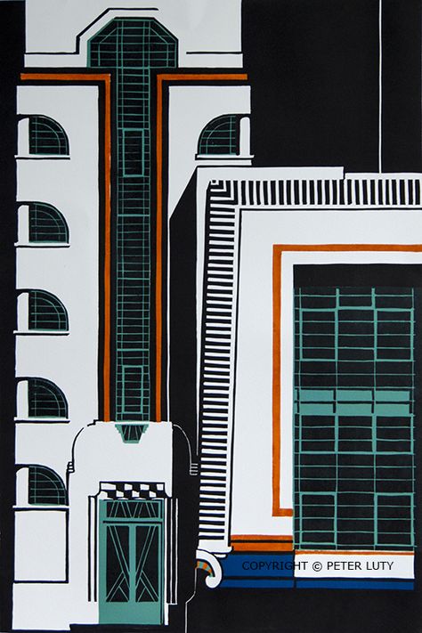 PETER LUTY: Hoover Building Hoover Building, Art Deco Graphics, Deco Architecture, Art Deco Architecture, City Art, Linocut, Ibm Logo, Art Deco, Exterior