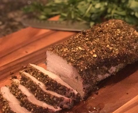 Pepper Crusted Pork Tenderloin, Pesto Pork Loin, Simple Clean Eating Recipes, Lemon Pepper Pork Loin, Pistachio Crusted Pork Tenderloin, Crusted Pork Loin, Pork Loin Oven, Simple Clean Eating, Pistachio Crusted Lamb Chops