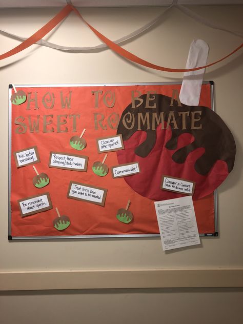 How to be a SWEET roommate— RA bulletin board. (Sweet referring to candy apples) info board RA Roommate Ra Bulletin Board, Ra Roommate Bulletin Board, Easy Ra Bulletin Boards, Roommate Bulletin Board, Safeguarding Adults, Ra Bulletin Boards Fall, Resident Assistant Boards, Dorm Bulletin Boards, Res Life Bulletin Boards