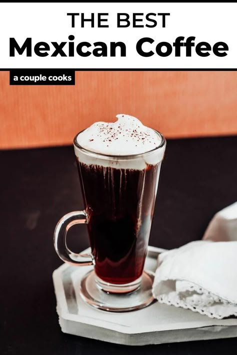 This Mexican coffee recipe is a variation on Irish coffee with a Mexican spin, starring Kahlua, tequila and cinnamon. It's stunning! #mexican #mexicancoffee #coffee #coffeecocktail #coffeedrink Mexican Coffee Recipe Cocktail, Mexican Coffee Cocktail, Coffee With Kahlua, Mexican Coffee Recipe, Cold Dip Recipes, Spanish Coffee, Best Fish Recipes, A Couple Cooks, Drinks Ideas