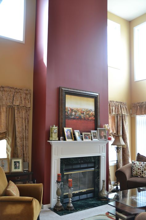 Burgundy Fireplace, Living Room Burgundy, Accent Fireplace, Wallpaper Living Room Accent Wall, Bedroom Wallpaper Accent Wall, Fireplace Accent Walls, Red Accent Wall, Contemporary Fireplace Designs, Accent Wall Colors