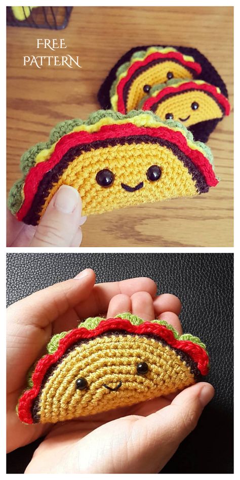 Crochet Taco Amigurumi Free Patterns - DIY Magazine Crochet Taco, Taco Character, Amigurumi For Beginners, Knitted Doll Patterns, Pola Amigurumi, Blog Art, Crochet Food, Crochet Amigurumi Free Patterns, Beginner Crochet Projects