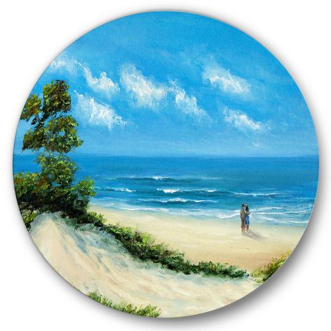 Easy-to-Follow Canvas Painting for Beginners at $90 Couple At The Beach, Circular Canvas Painting, Art Plage, Canvas Art Painting Acrylic, Fall Canvas Painting, Beach Art Painting, Circle Canvas, Small Canvas Paintings, Circle Wall Art