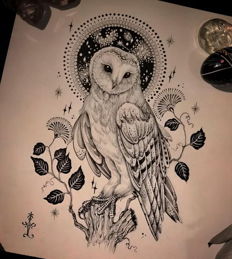 Owl And Moon Drawing, Snowy Owl Tattoo, Owl Thigh Tattoos, Barn Owl Tattoo, Realistic Owl Tattoo, Labyrinth Tattoo, Owl Tattoo Sleeve, Owl Tattoo Drawings, Cute Owl Tattoo