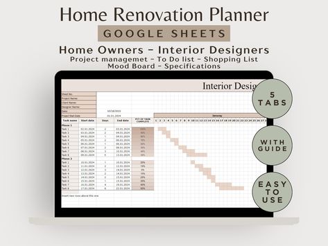 Home Renovation Spreadsheet House Improvement Planner Renovating Home Project Template Building Construction Planner Home Remodel Organizer Home Renovation Planner, Renovation Planner, Interior Design Template, Different Furniture, House Improvement, Project Template, Interior Design Presentation, Project Presentation, Contract Agreement