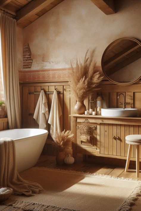 Bring Mediterranean warmth to your bathroom with this rustic terracotta and cream combination. Sun-kissed colors for a cozy retreat. #MediterraneanStyle #TerracottaBathroom Tuscan Farmhouse Bathroom, Terra Cotta Bathroom, Mediterranean Color Scheme, Terracotta Bathroom, Tan Bathroom, Bathroom Color Palette, Tuscan Bathroom, Tuscan Farmhouse, Bathroom Color Schemes