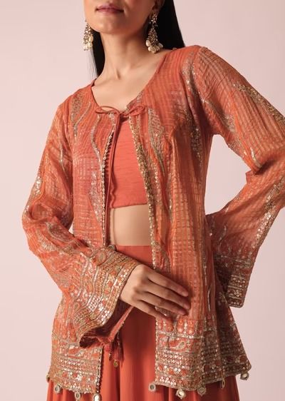 Orange Indo Fusion Jacket Set With Sequin Work Mirror Tassels, Top And Palazzo Pants, Brocade Jacket, Resham Embroidery, Tandoori Masala, Bridesmaid Saree, Top Indian, Palazzo Set, Indian Wedding Wear